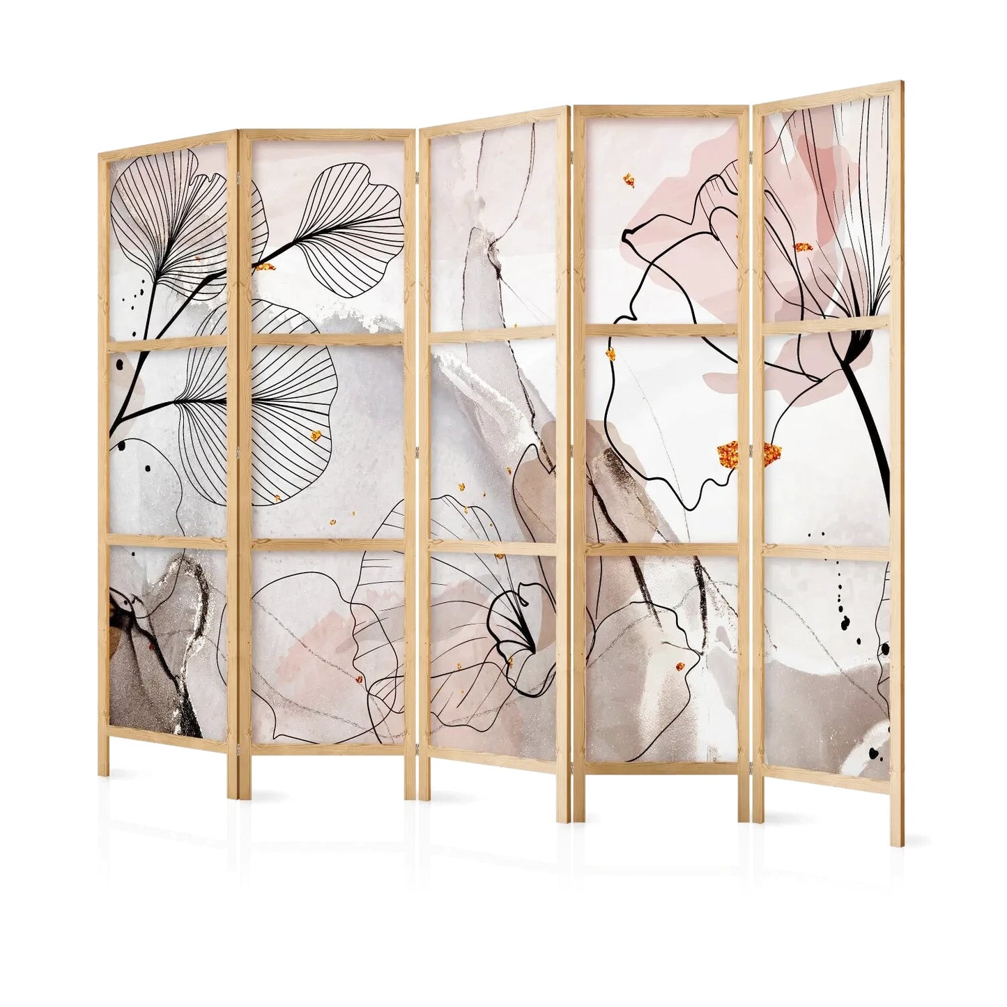 Paravent japonais blanc 5 panneaux avec feuilles de ginkgo en trait noir, taches rose poudré et touches dorées sur fond nacré
