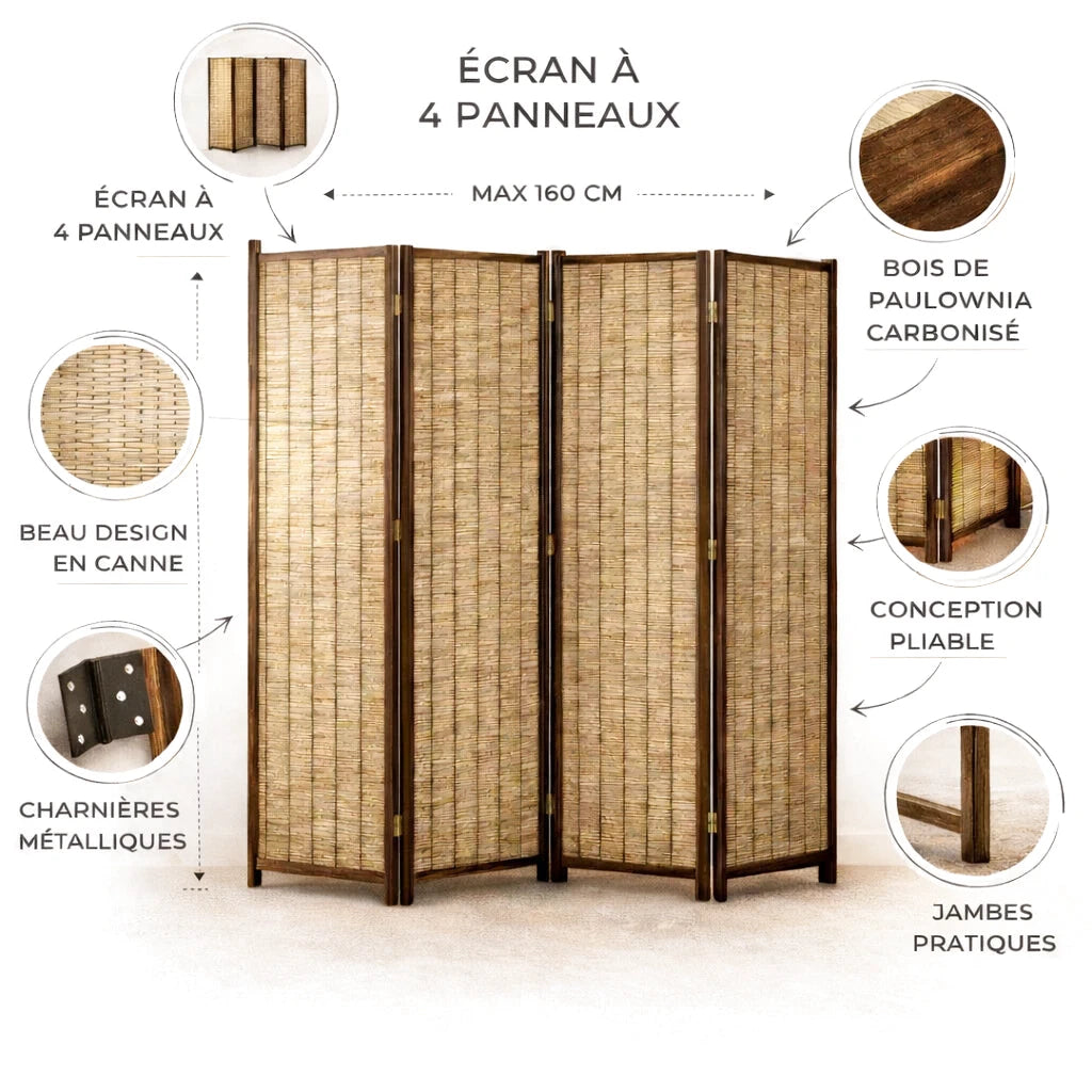 Écran à 4 panneaux en canne avec cadre en bois de paulownia carbonisé, charnières métalliques et pieds pratiques