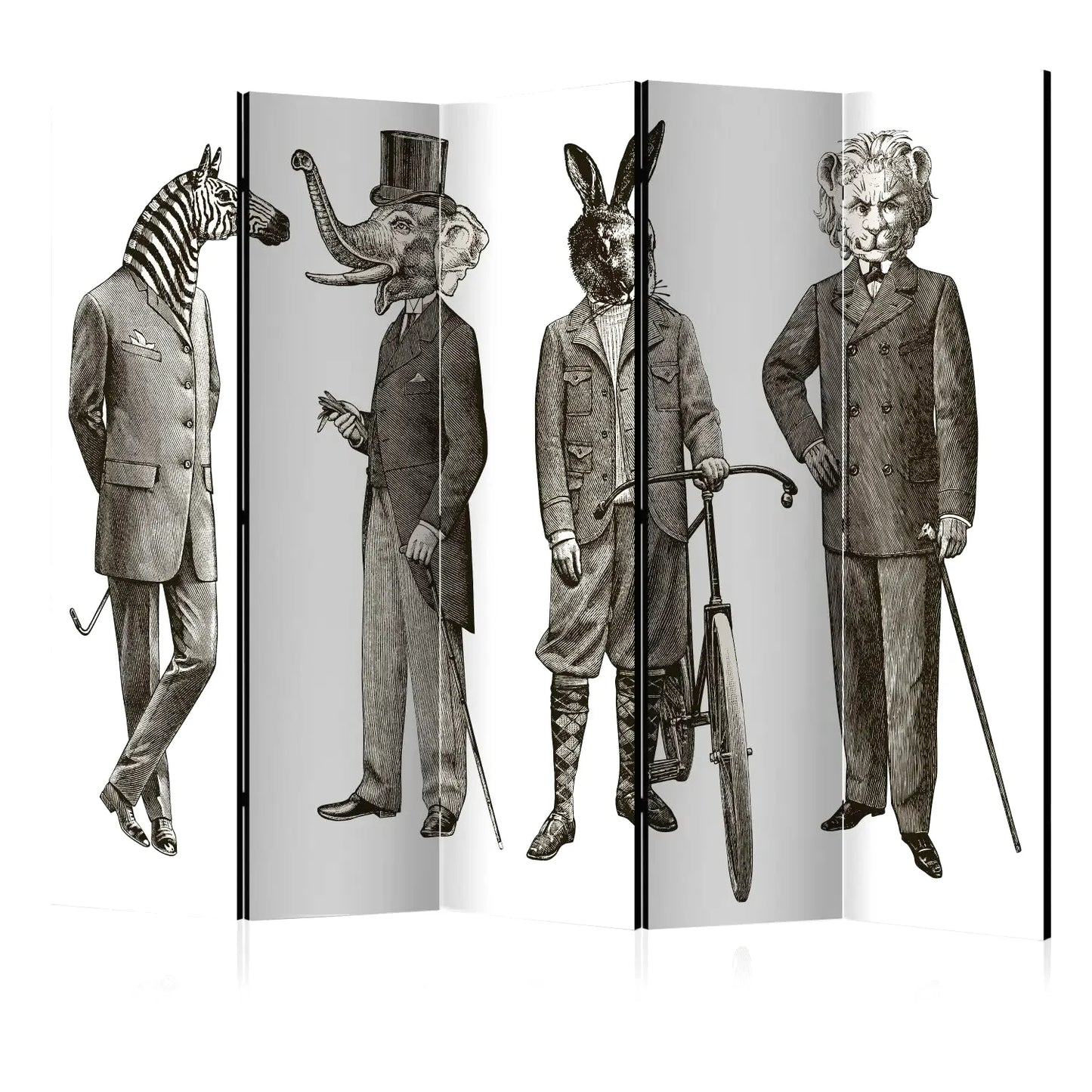 Paravent décoration intérieur 5 panneaux gravure vintage noir et blanc animaux habillés en costume victorien zèbre éléphant lapin et lion style humour british séparateur de pièce original pour salon