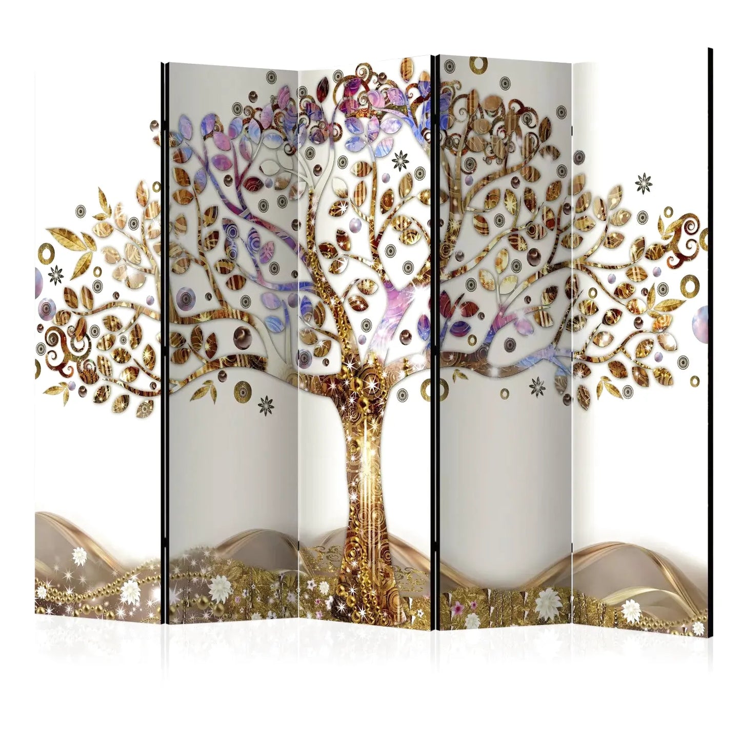 Paravent décoratif avec un arbre de vie doré et des feuilles colorées