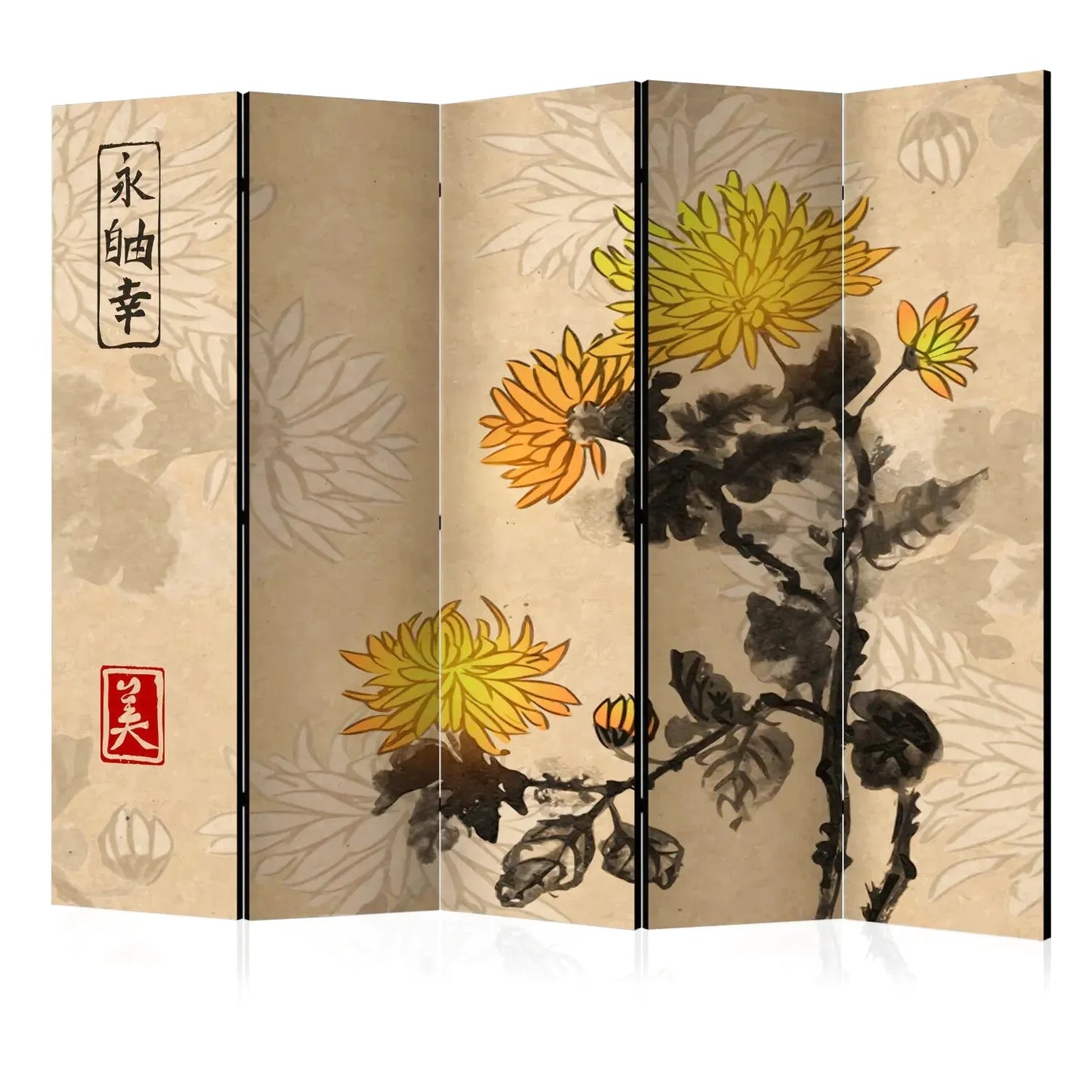 Paravent intérieur moderne 5 panneaux chrysanthèmes peints à l'encre de Chine style asiatique traditionnel fleurs dorées et orangées sur fond parchemin avec calligraphie séparateur de pièce élégant