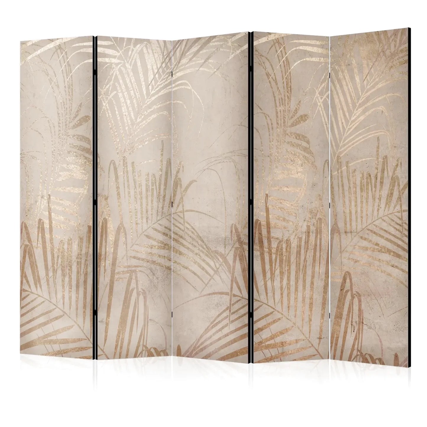 Paravent à cinq panneaux avec motif de feuilles de palmier dorées sur fond beige
