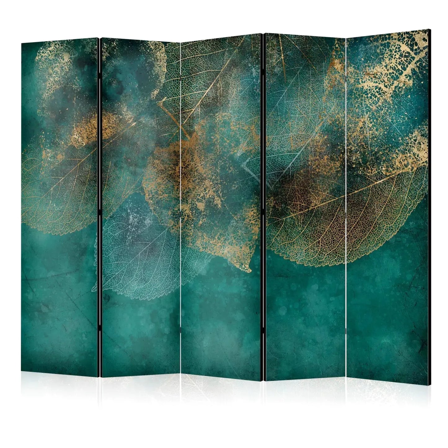 Grand paravent intérieur 5 panneaux décoration feuilles dorées nervurées et squelettées fond vert émeraude patiné style botanique élégant séparateur de pièce pour salon ou bureau
