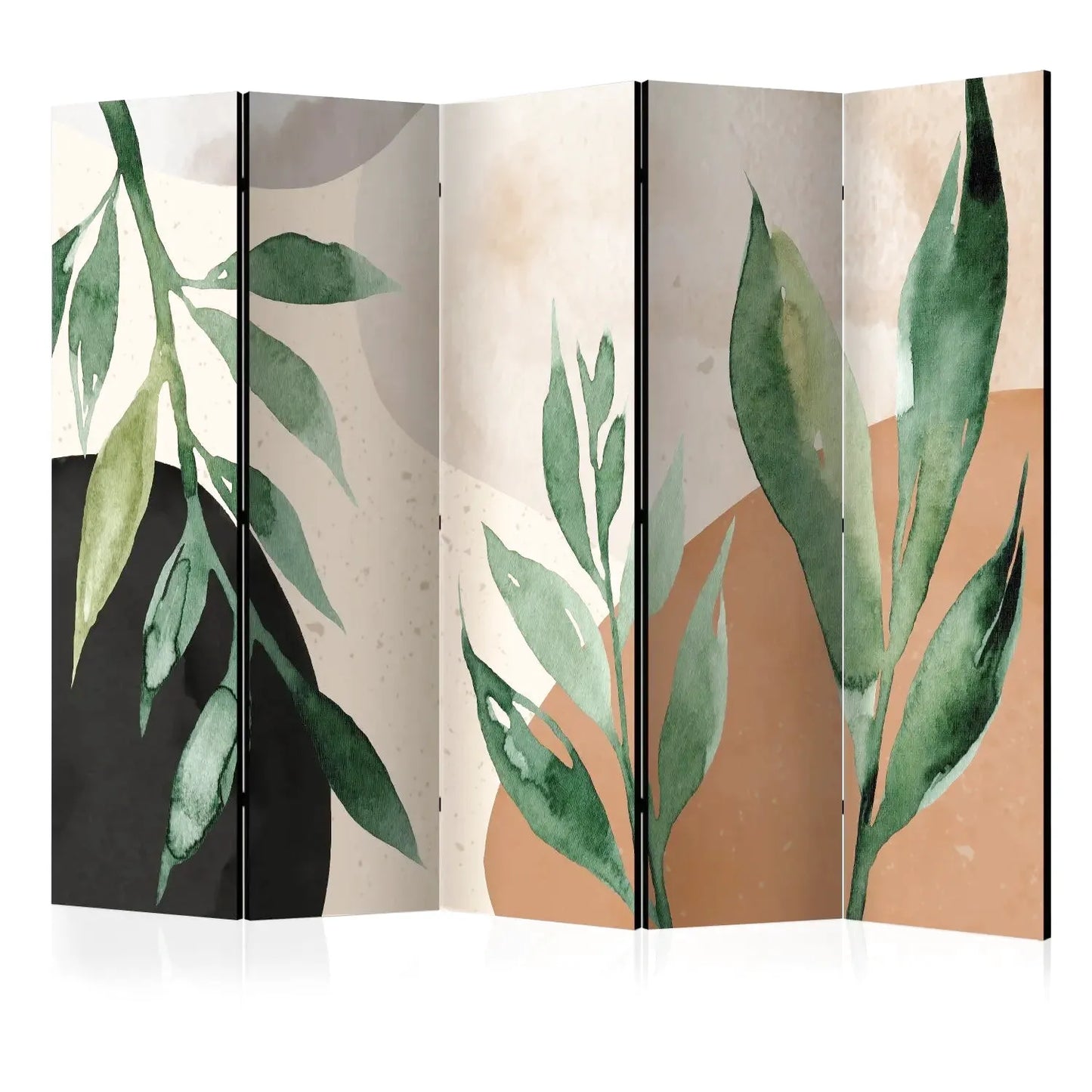 Paravent à cinq panneaux avec motif de feuilles vertes et formes abstraites marron et noires