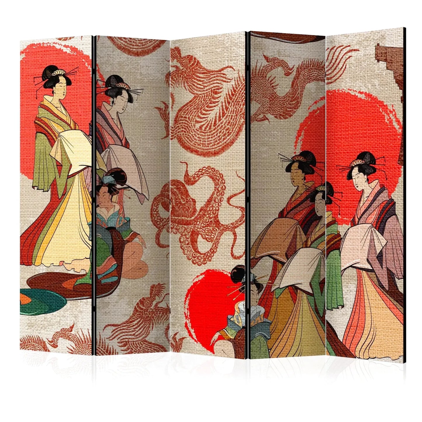 Paravent japonais avec des geishas et des dragons rouges sur fond beige et rouge
