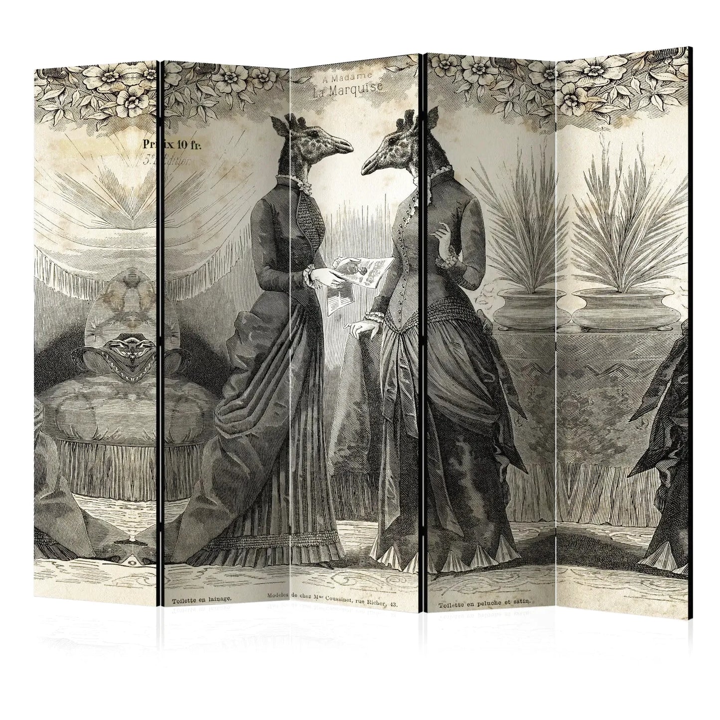 Paravent intérieur design 5 panneaux gravure vintage sépia girafes habillées en tenue victorienne style illustration ancienne fond parchemin beige séparateur de pièce original et décoratif pour salon