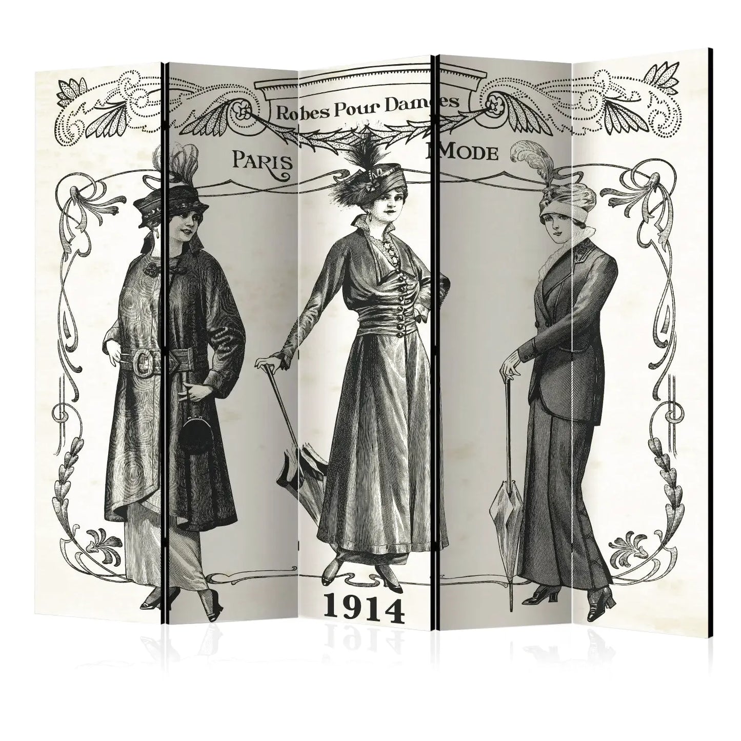 Paravent intérieur 5 panneaux gravure mode parisienne vintage 1914 robes pour dames noir et blanc style Belle Époque fond ivoire séparateur de pièce élégant et décoratif pour salon ou bureau