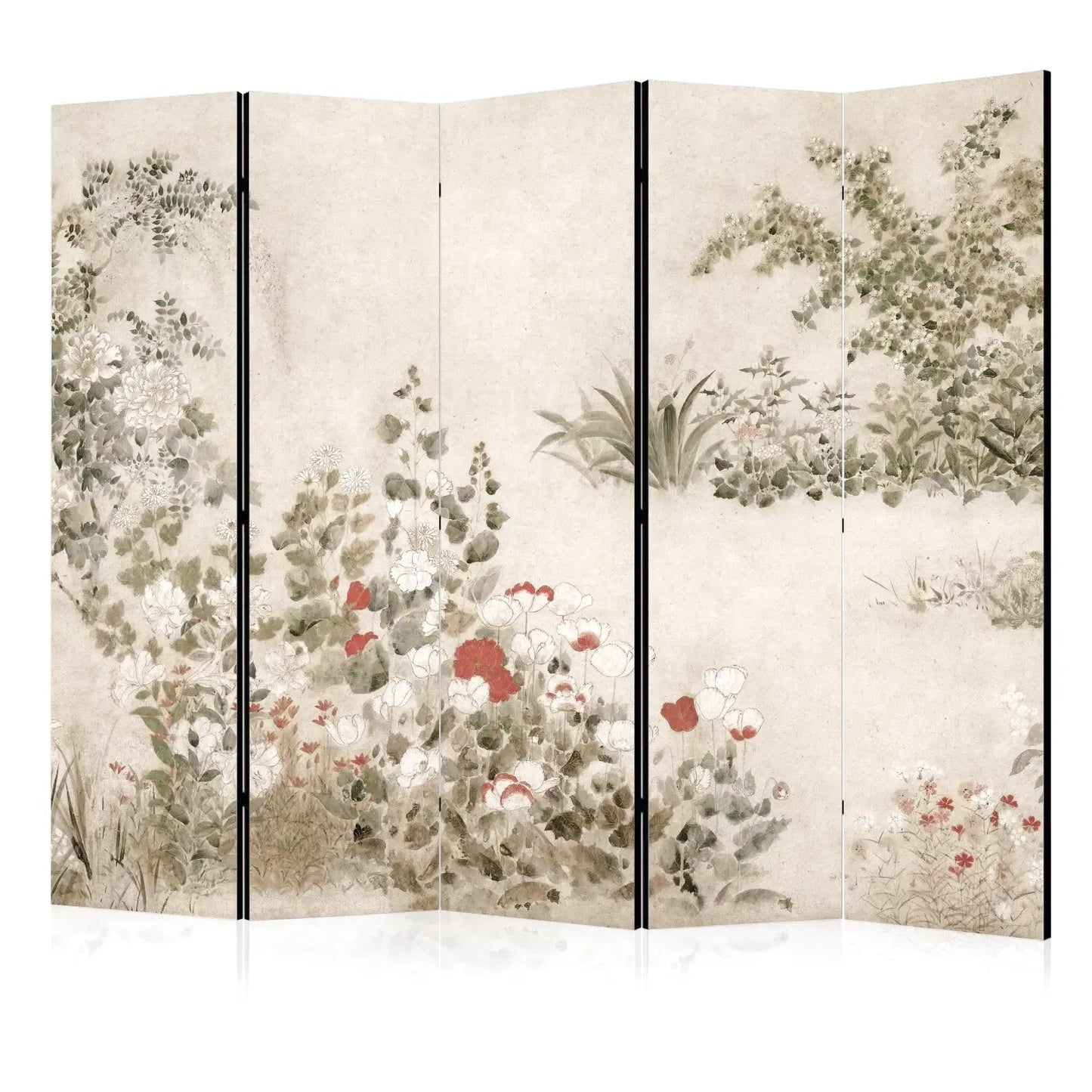 Paravent Intérieur - Jardin Fleuri Aquarelle Coquelicots Rouges et Blancs Fond Parchemin - HŌRTARA