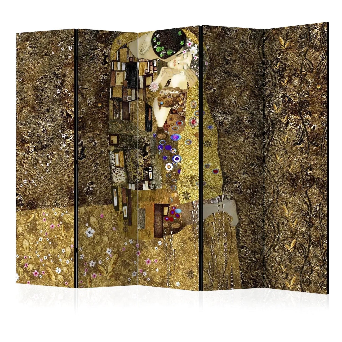 Paravent Le Baiser de Klimt, motif doré et marron avec des fleurs blanches et roses