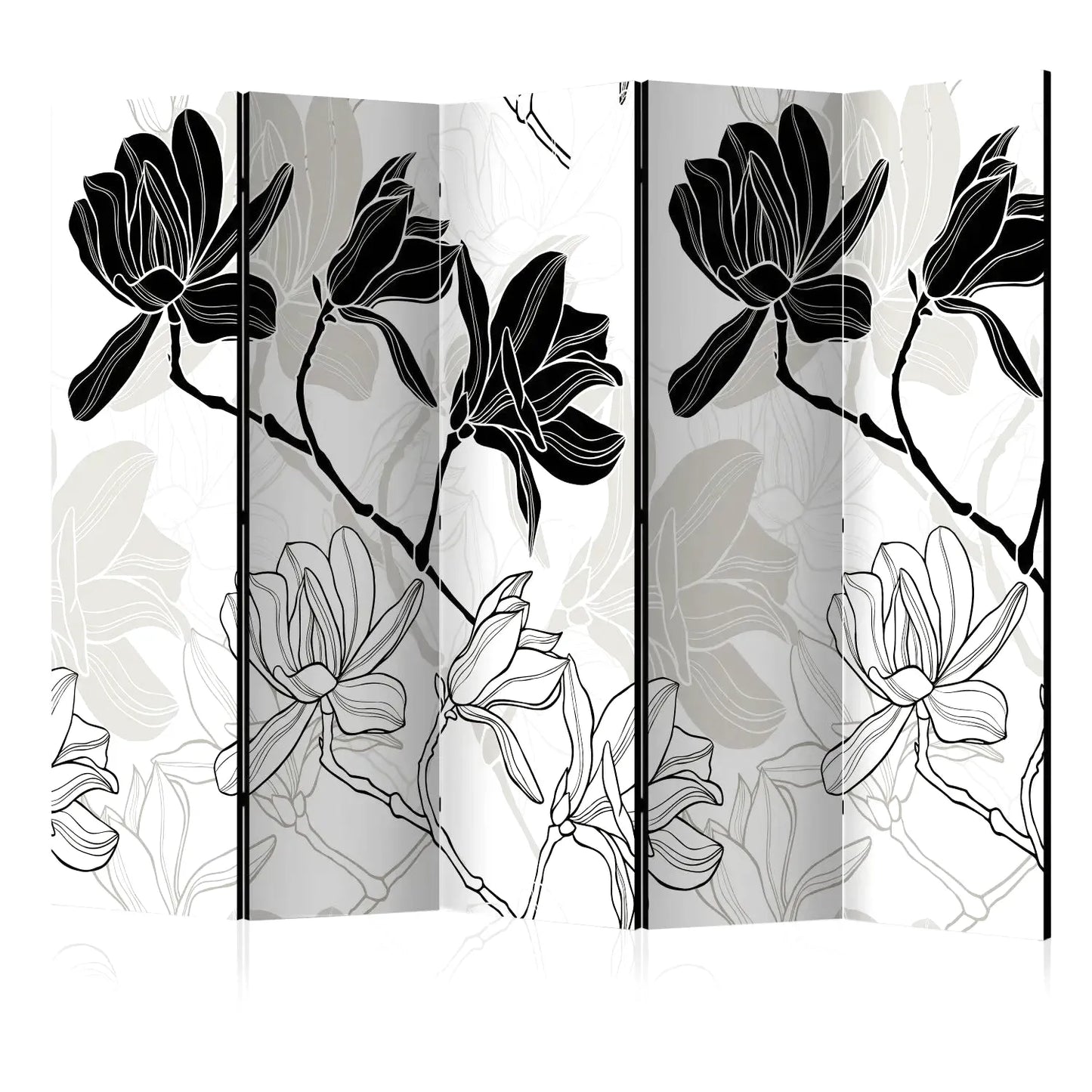 Paravent noir et blanc avec motif de fleurs de magnolia