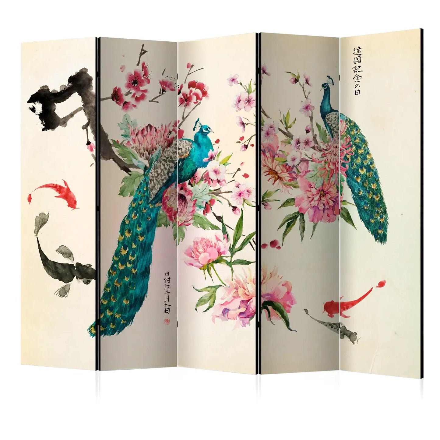 Paravent à six panneaux avec des paons, des fleurs de cerisier et des poissons koi