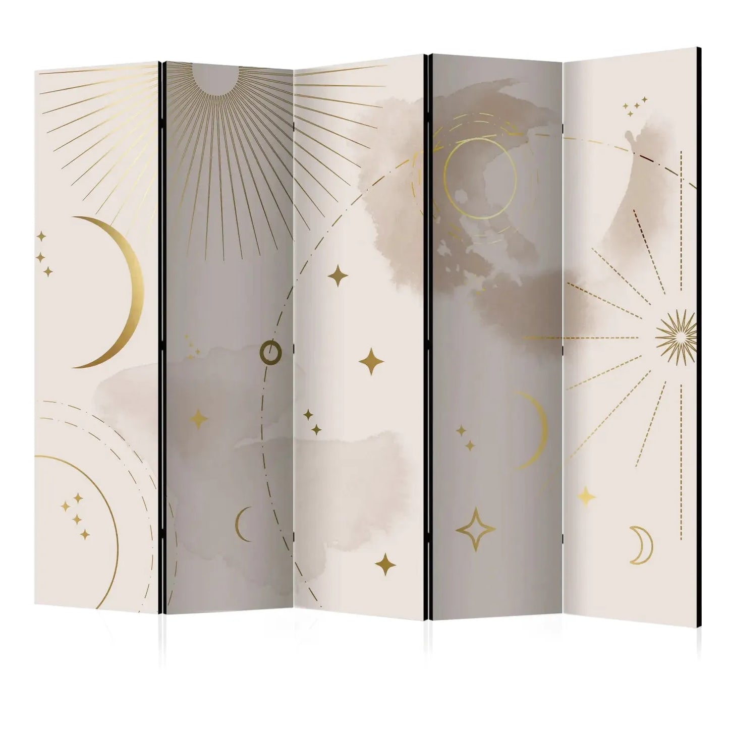 Paravent beige avec motifs dorés de soleil, lune et étoiles