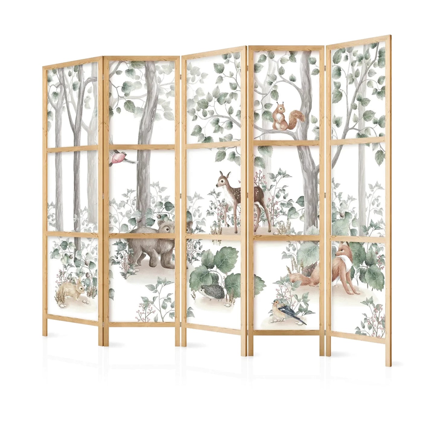 Paravent en bois clair avec illustration de forêt, arbres, faune et flore