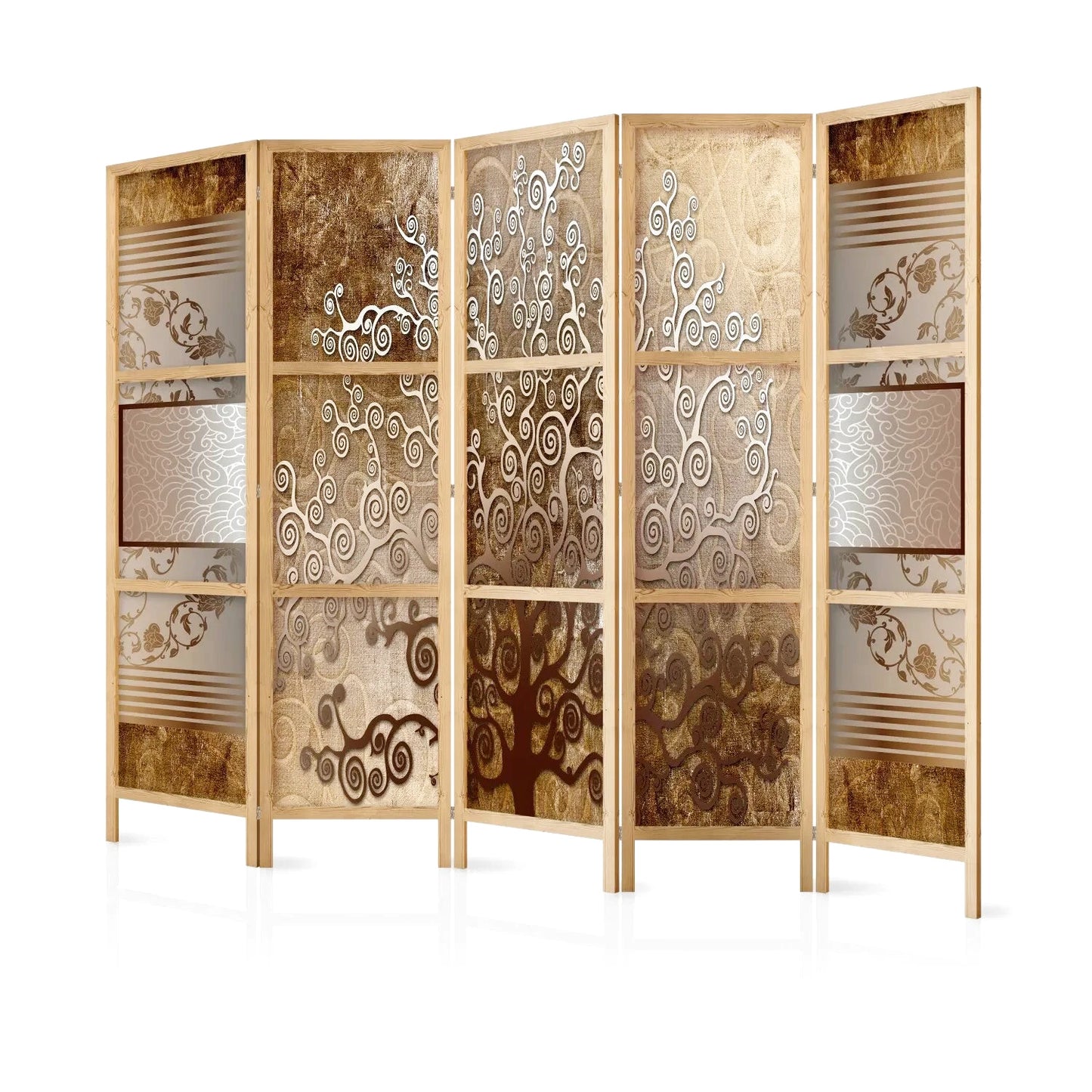 Paravent en bois clair avec cinq panneaux, motifs de feuilles et de tourbillons marron et or