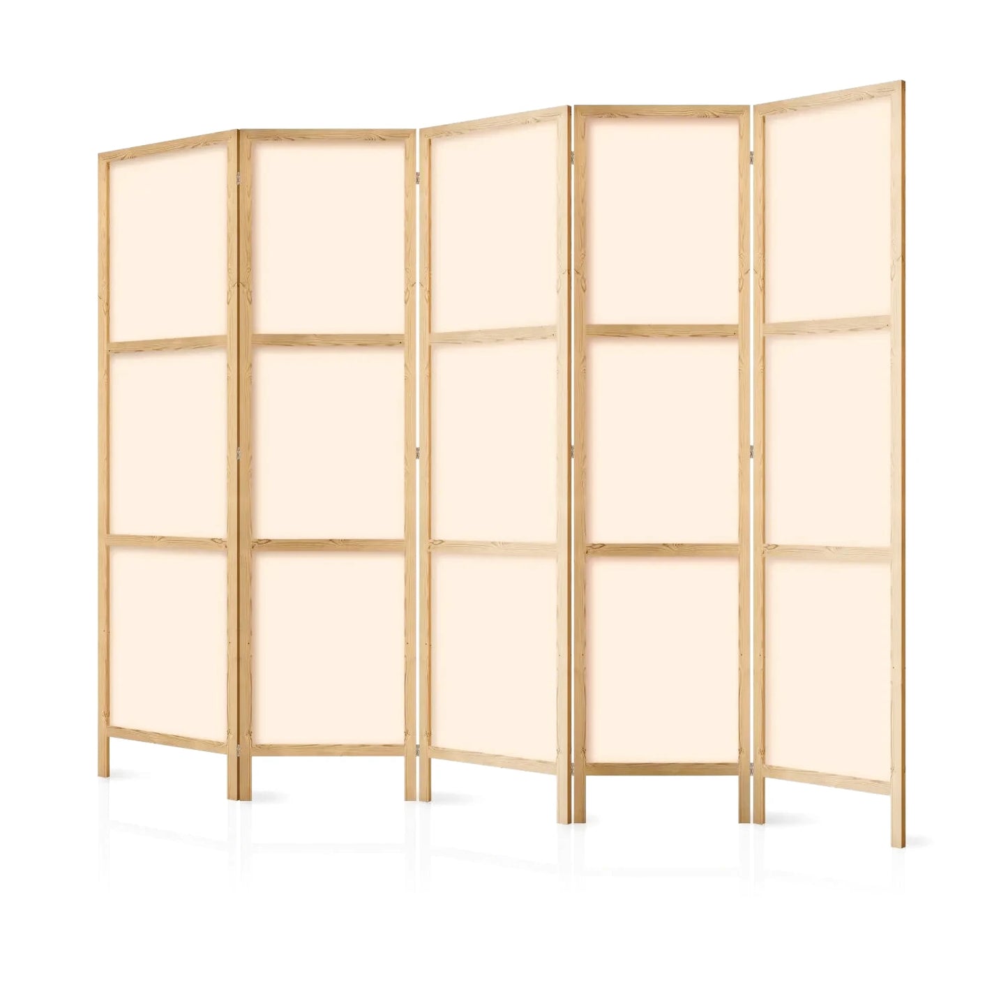 Paravent en bois clair à cinq panneaux avec inserts en tissu beige