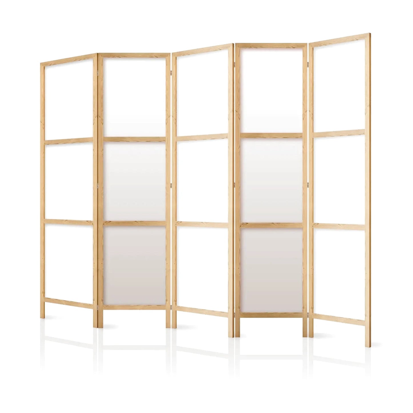 Paravent en bois clair avec cinq panneaux et des inserts blancs