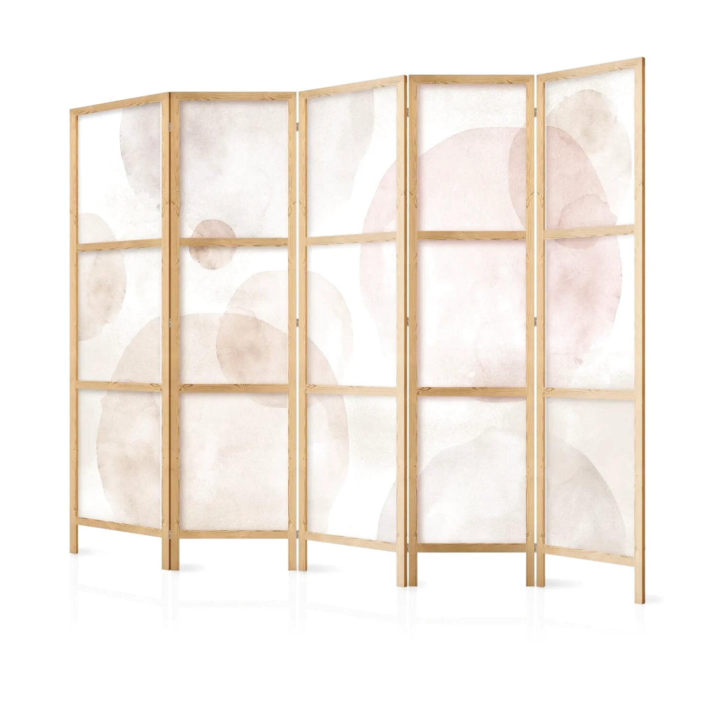 Paravent en bois clair avec cinq panneaux, motifs abstraits de cercles roses et beiges