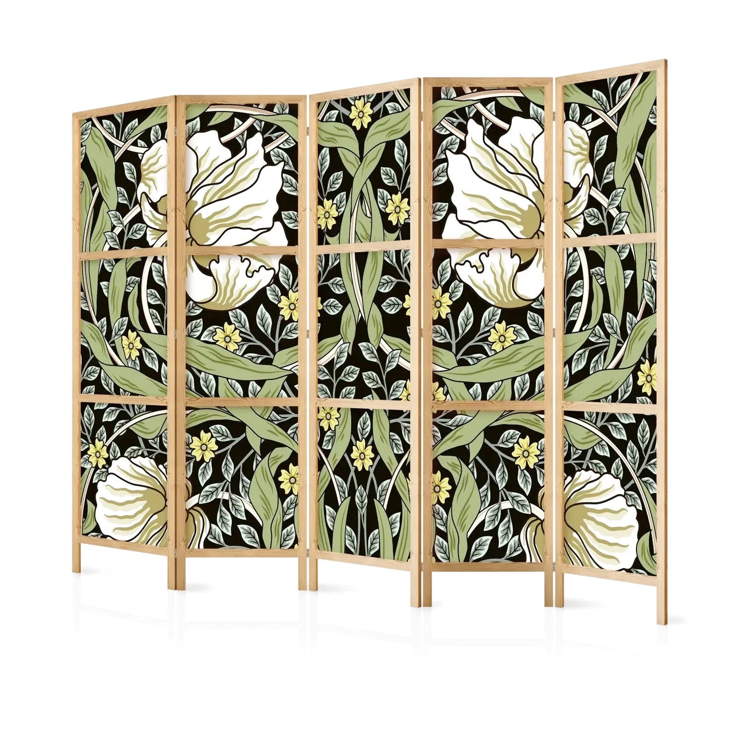 Paravent en bois clair avec motif floral vert, jaune et blanc sur fond noir