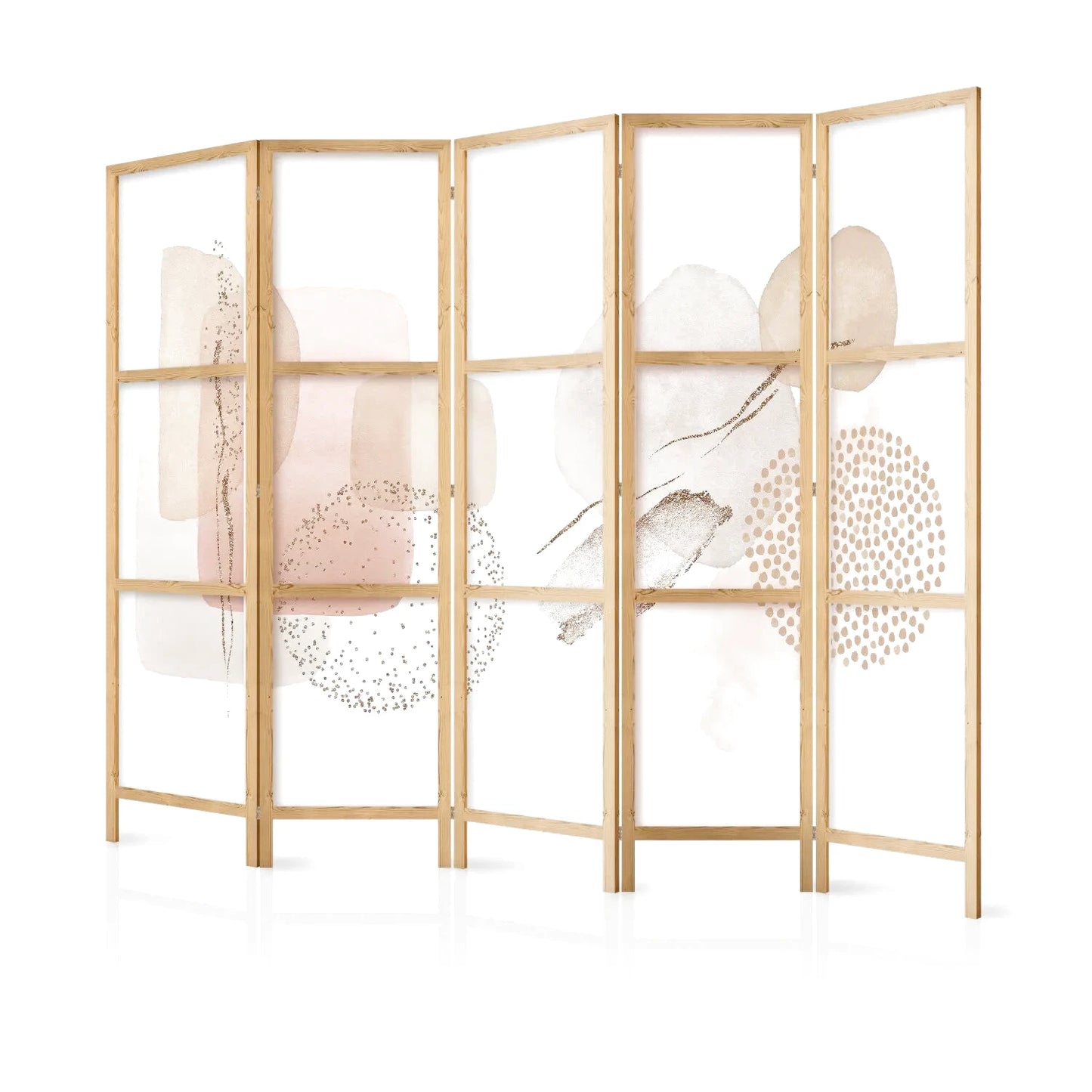 Paravent en bois clair avec des motifs abstraits roses et beiges