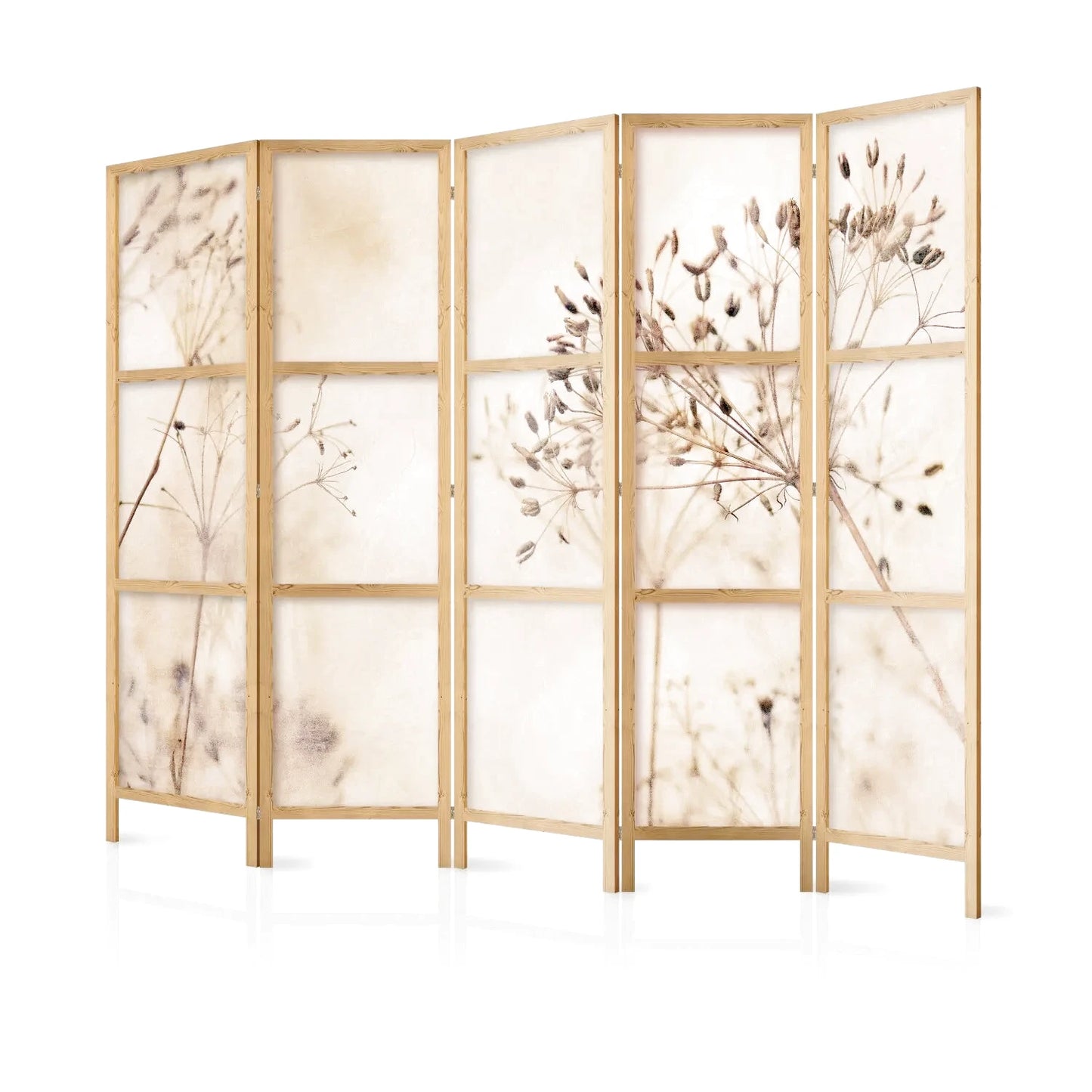 Paravent en bois clair avec cinq panneaux, motifs de plantes séchées sur fond beige