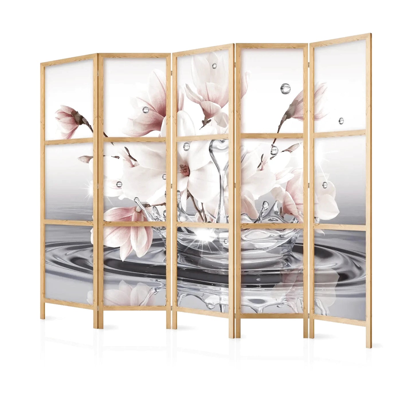 Paravent en bois clair avec cinq panneaux, motif de fleurs de magnolia roses et blanches et gouttes d'eau