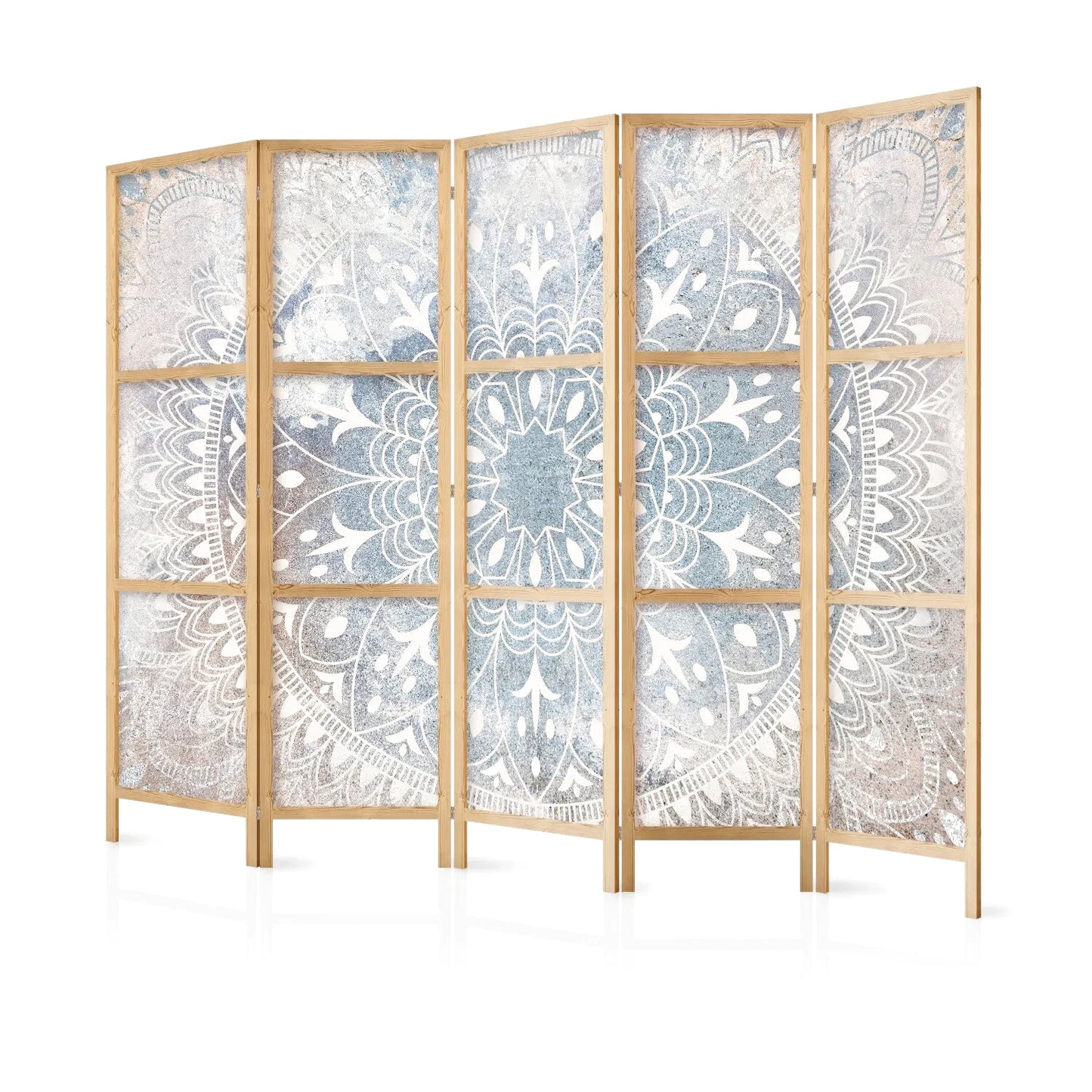 Paravent en bois clair avec motifs mandala bleus et blancs
