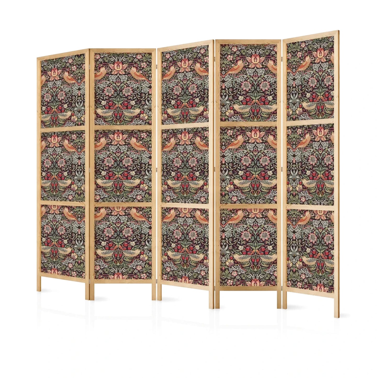 Paravent Japonais - Oiseaux et Fraises sur Fond Bordeaux Foncé - KŌSAI