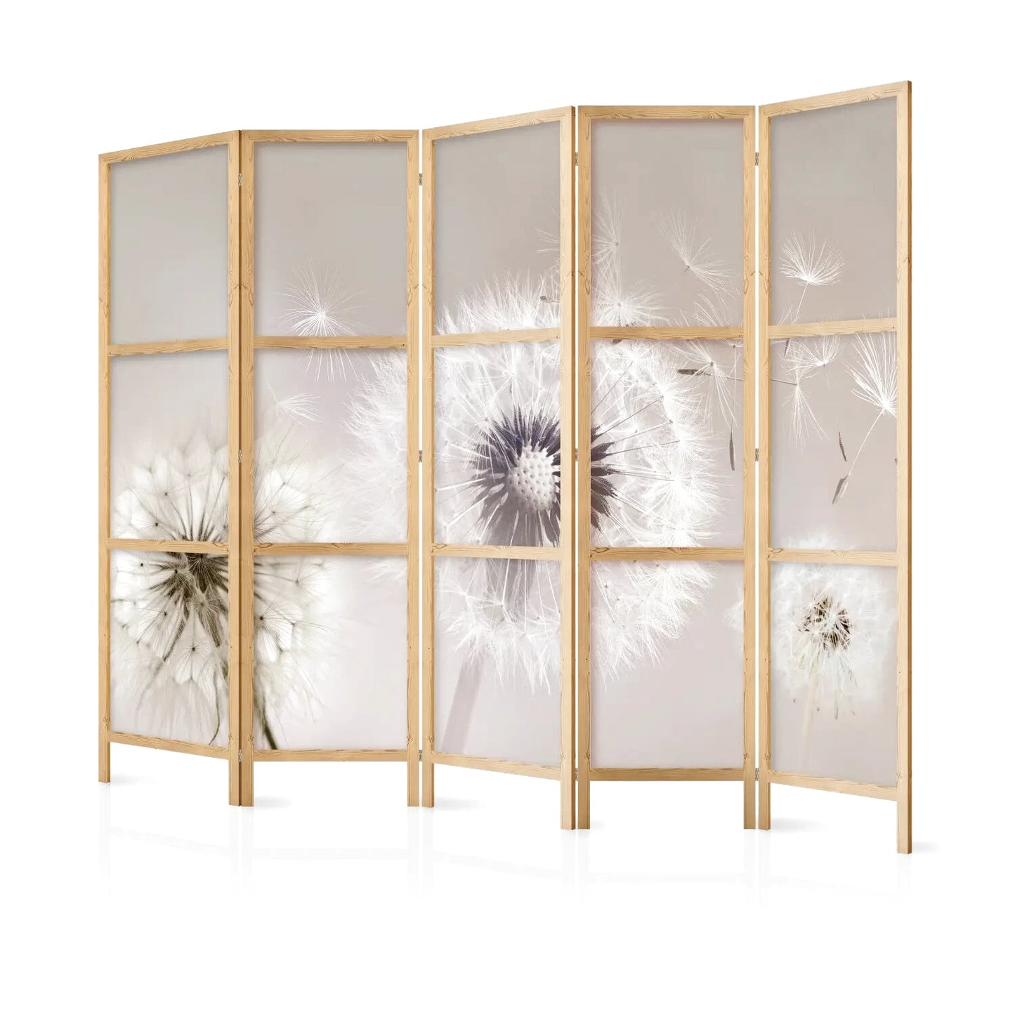 Paravent en bois clair avec cinq panneaux, chacun affichant une image de pissenlits en gros plan