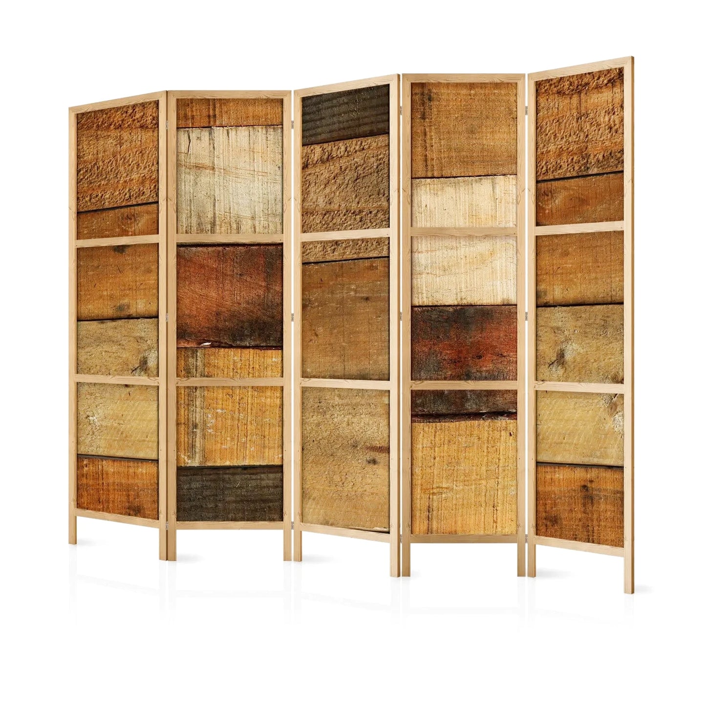 Paravent en bois à cinq panneaux avec des planches de bois de différentes couleurs et textures