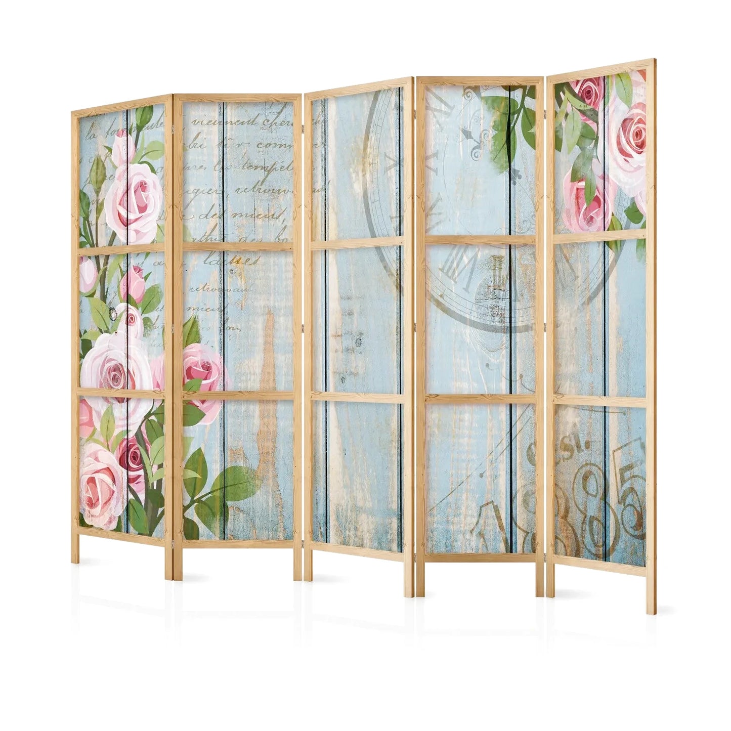 Paravent en bois avec motif de roses roses et texte manuscrit sur fond bleu vieilli