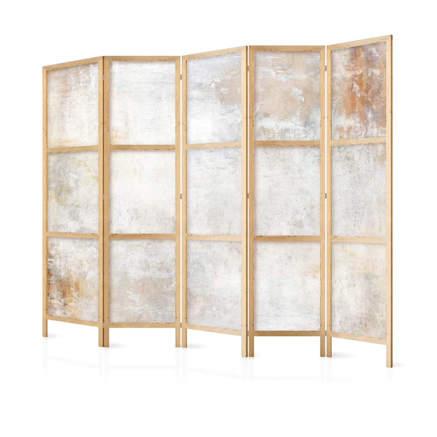 Paravent en bois clair avec cinq panneaux à motifs abstraits