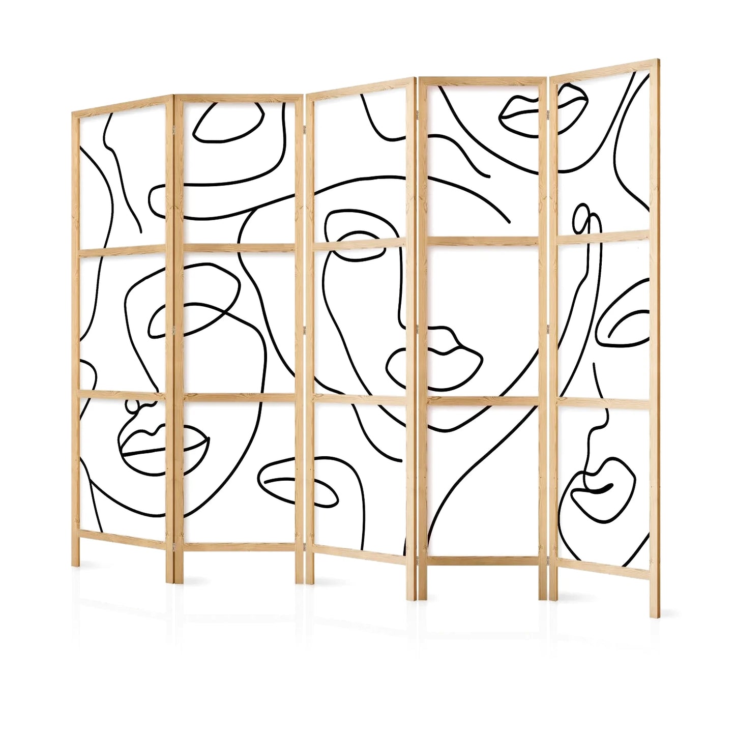 Paravent en bois clair avec motifs abstraits de visages en noir et blanc
