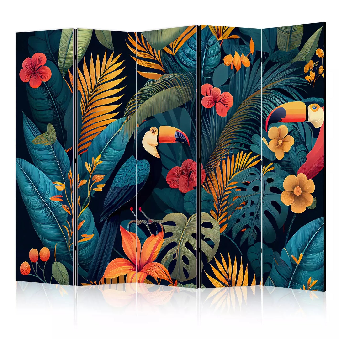 Paravent à cinq panneaux avec motif de feuilles tropicales, fleurs rouges et oranges, et toucans