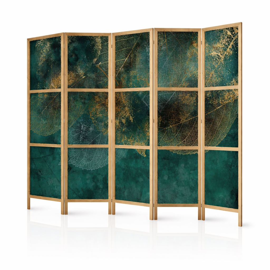 Paravent en bois à cinq panneaux avec motif de feuilles squelettiques dorées et vertes