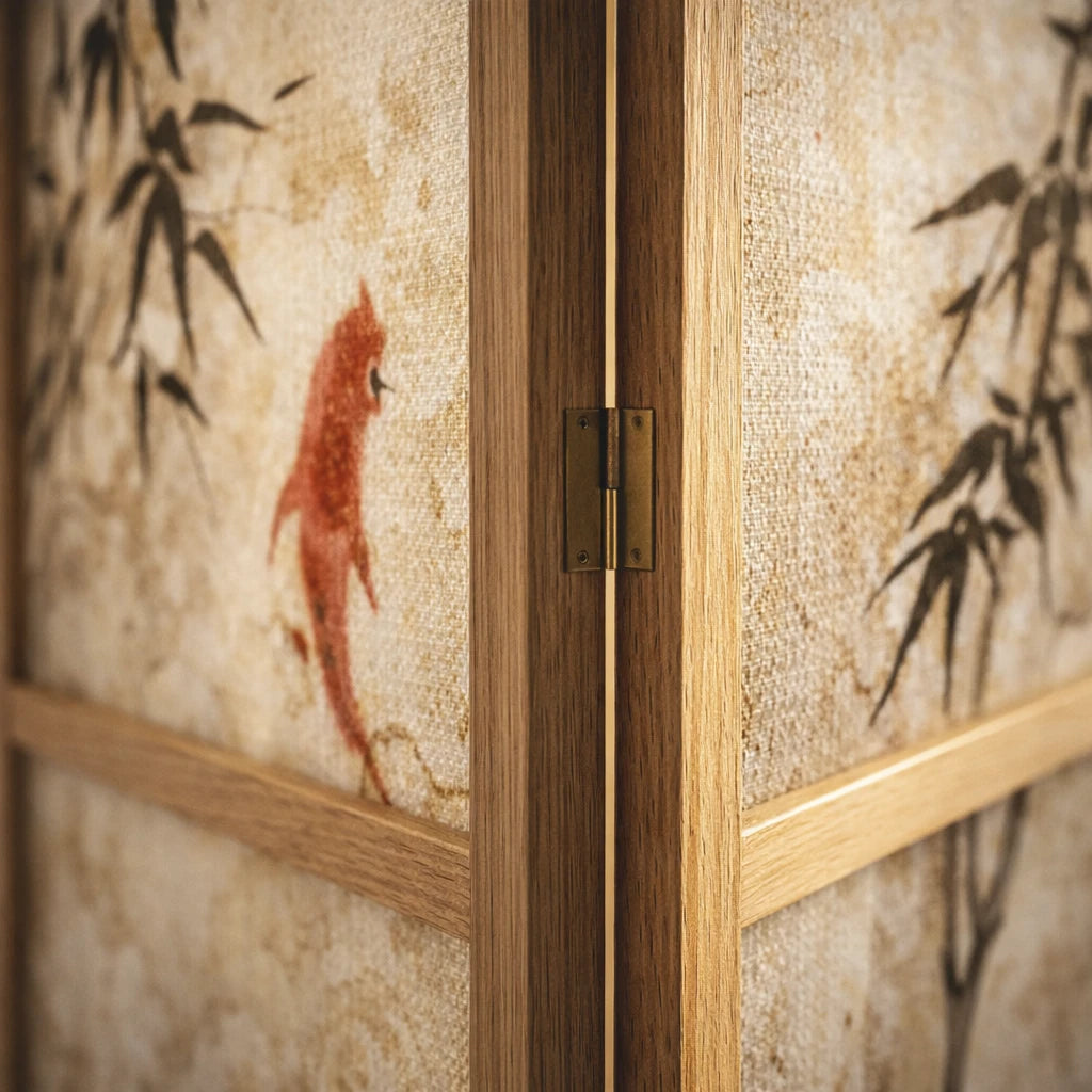 Paravent en bois avec charnière en laiton, motif carpe koï et bambou