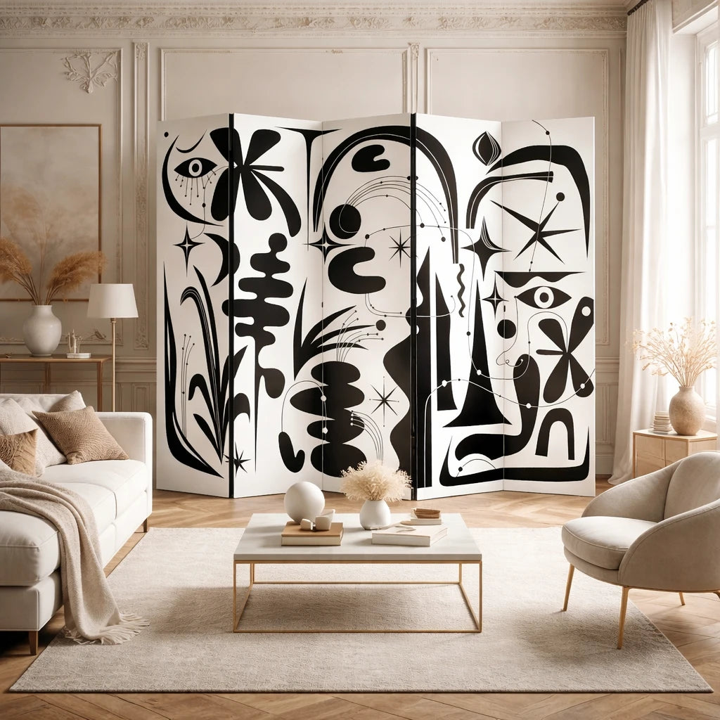 Paravent noir et blanc avec motifs abstraits dans un salon moderne