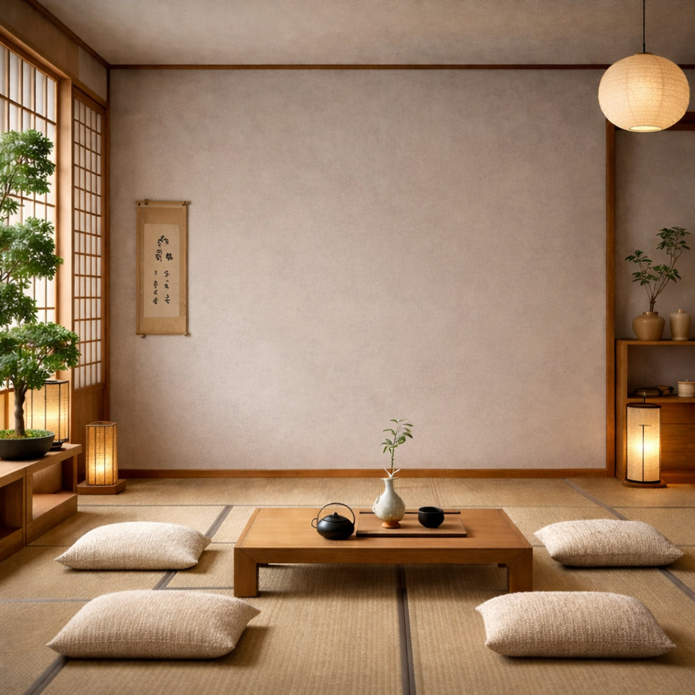 Intérieur de style japonais avec table basse, coussins de sol, bonsaï et lanternes
