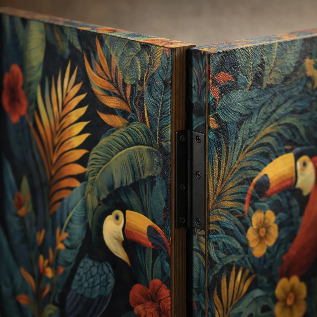 Paravent en bois avec charnière noire, motif tropical de toucans, feuilles de palmier et fleurs rouges et jaunes