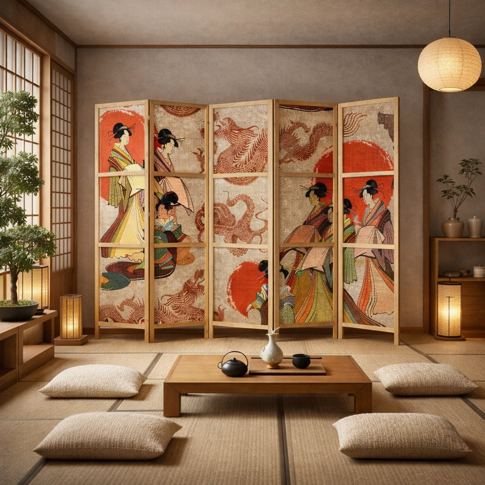 Paravent japonais avec des illustrations de femmes en kimono et de dragons, dans une pièce zen