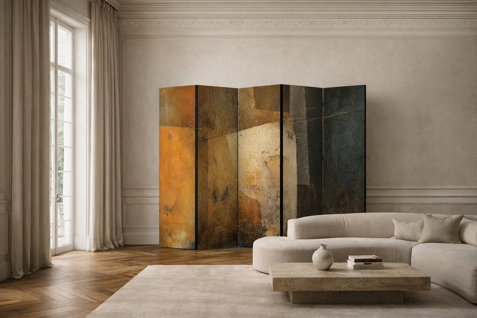 Paravent abstrait aux tons terreux dans un salon avec un canapé beige et une table basse en pierre
