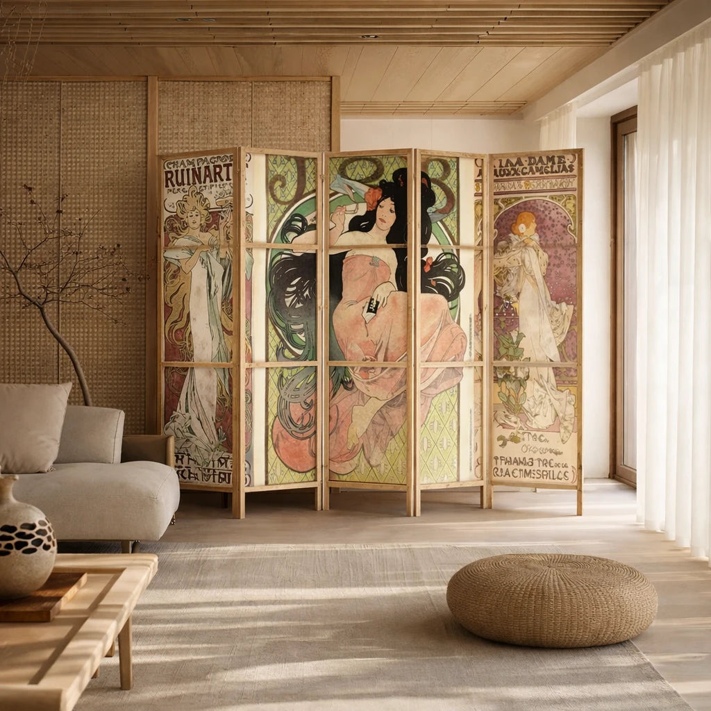 Paravent en bois avec des illustrations de style Art nouveau dans un salon moderne