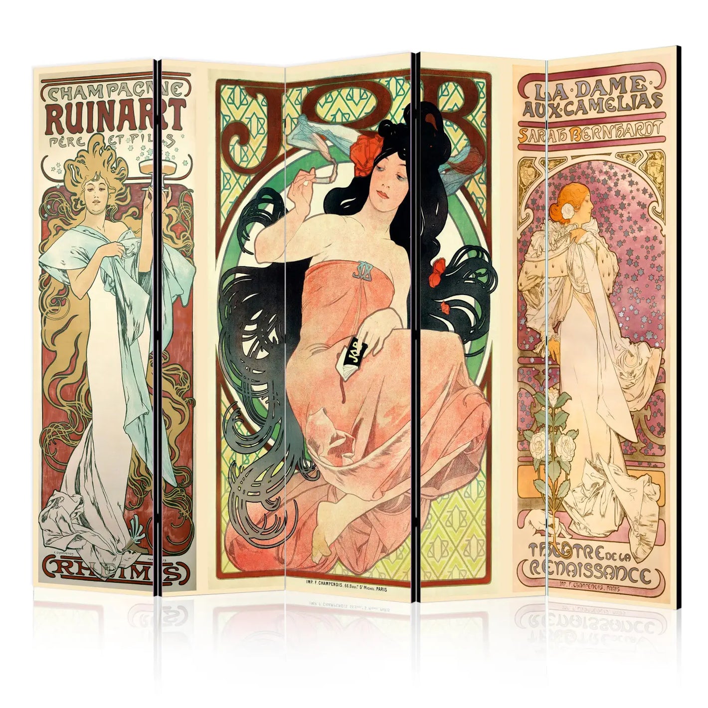Paravent Art Nouveau avec quatre panneaux, chacun illustrant une femme dans le style Mucha