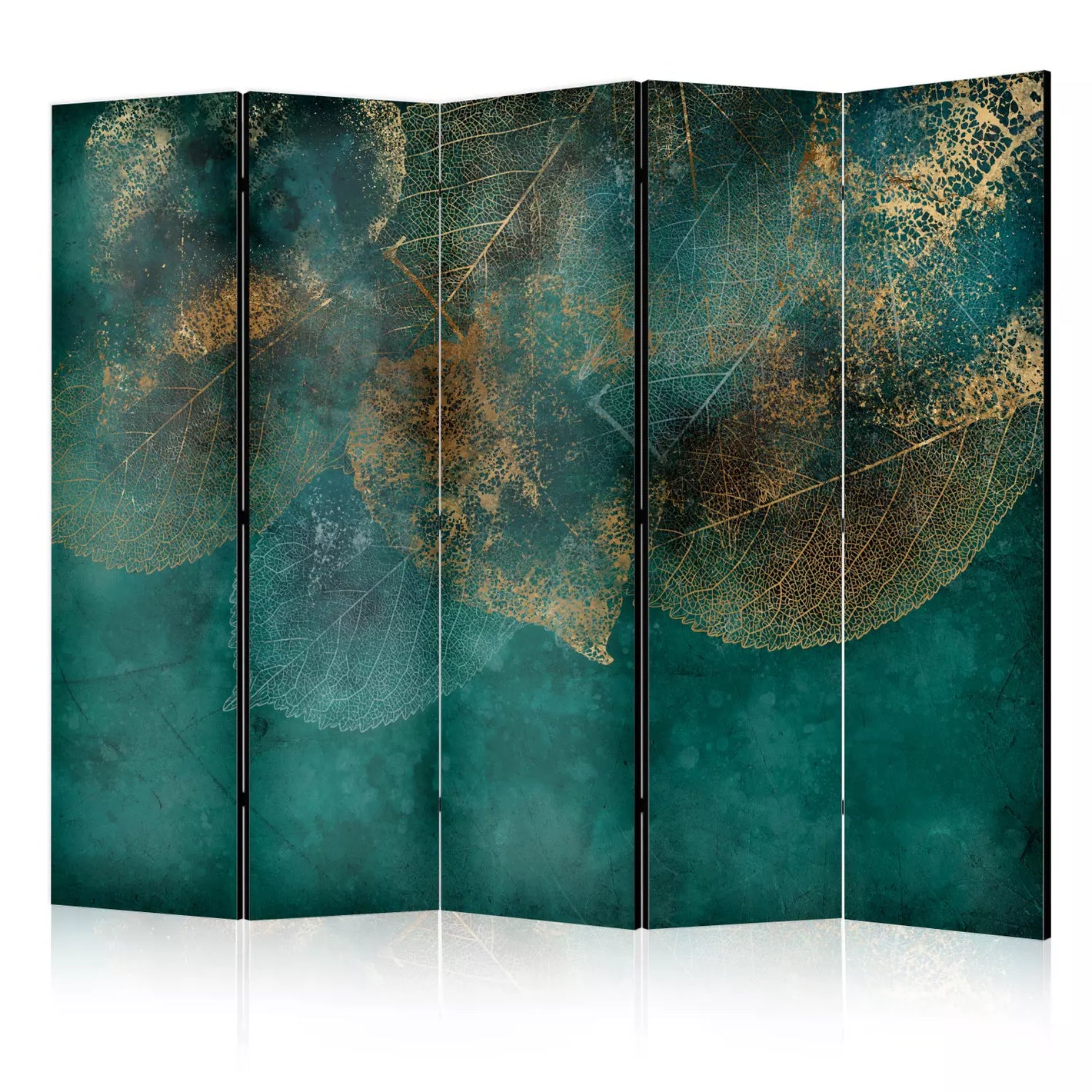 Paravent à cinq panneaux avec des feuilles d'or et de blanc sur fond vert foncé