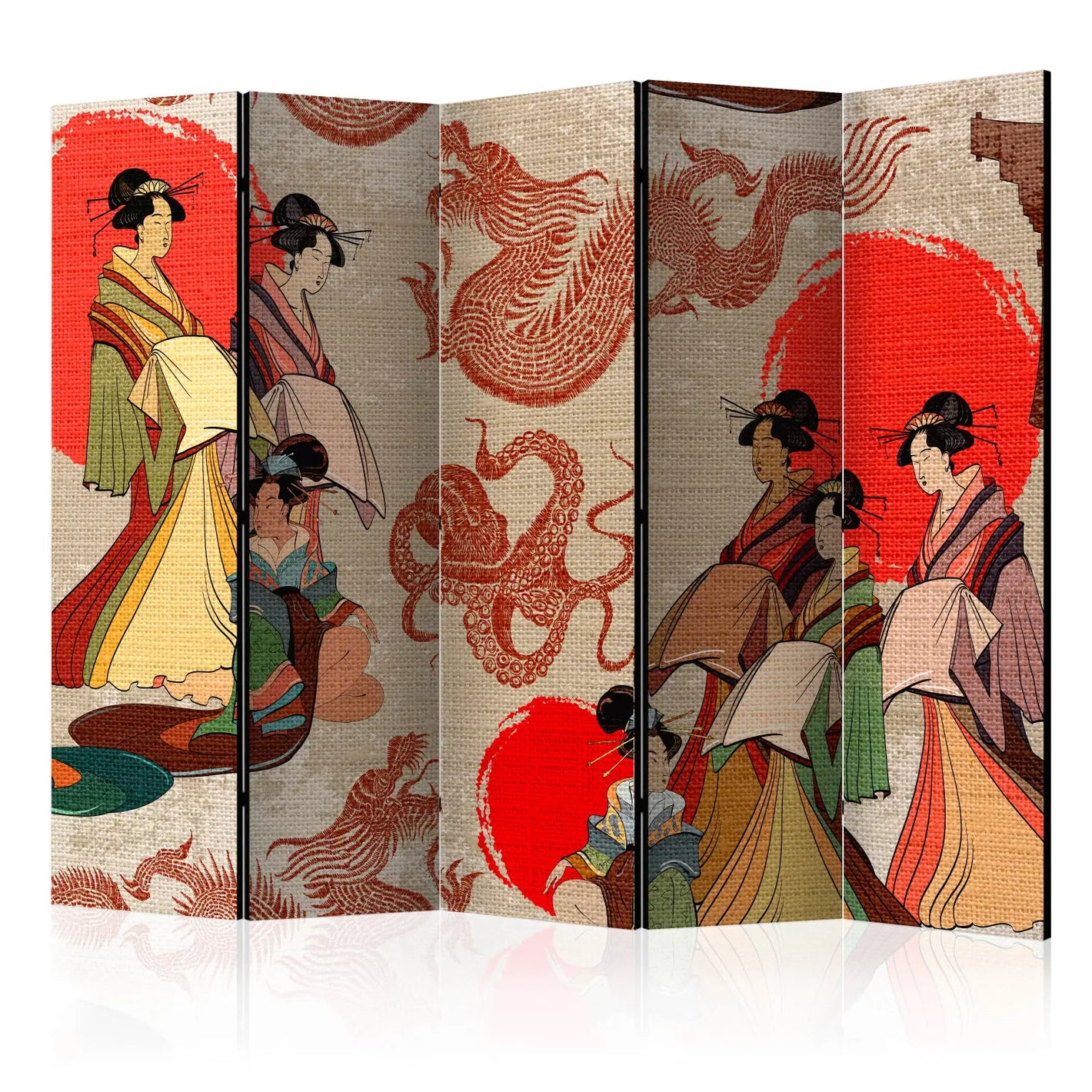 Paravent japonais avec geishas, dragons et pieuvres sur fond de soleil rouge