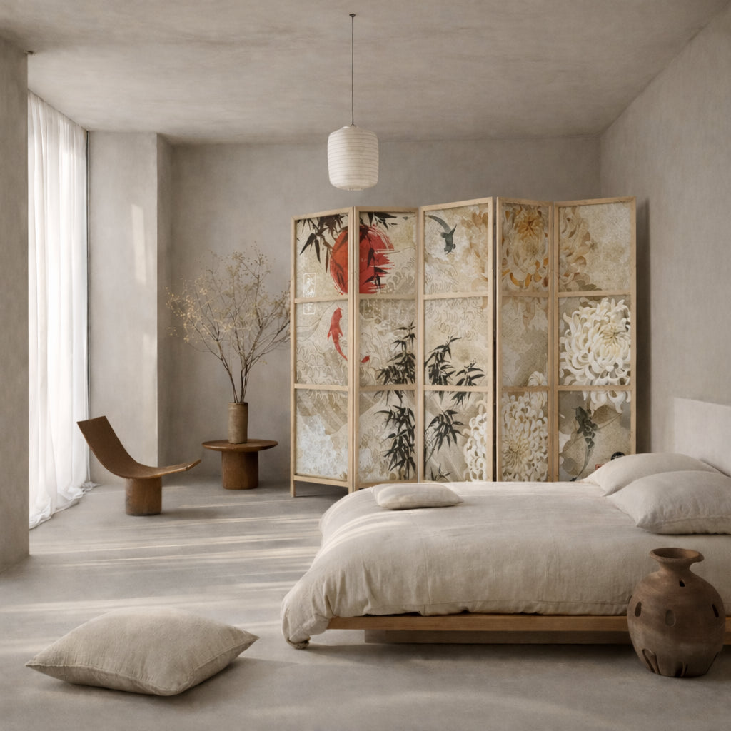 Chambre zen avec paravent japonais, lit bas, chaise en bois et vase en terre cuite