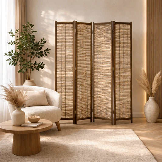 paravent bois cannage tressé 4 panneaux