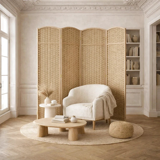 Un salon avec un fauteuil blanc, une table basse en bois, un paravent en rotin et une bibliothèque