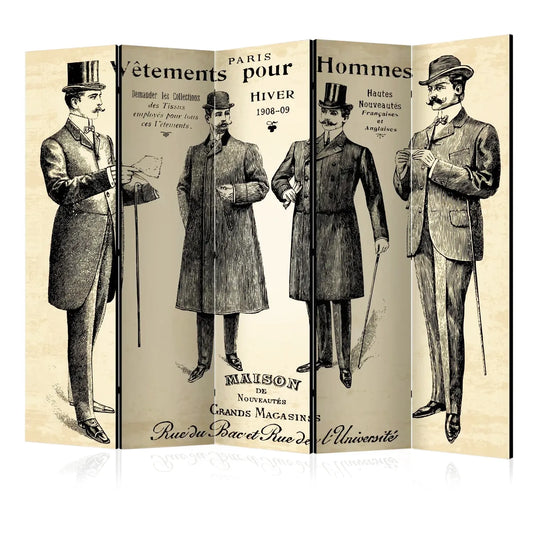 Paravent intérieur design 5 panneaux mode masculine Paris 1908 gravure sépia vintage élégants messieurs en costume style Belle Époque fond parchemin séparateur de pièce décoratif pour salon