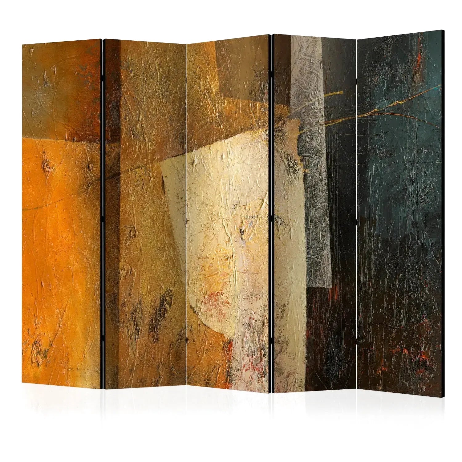 Paravent pliable intérieur 5 panneaux abstrait expressionniste orange brûlé doré et noir profond matière texturée effet peinture à l'huile séparateur de pièce design pour salon ou bureau