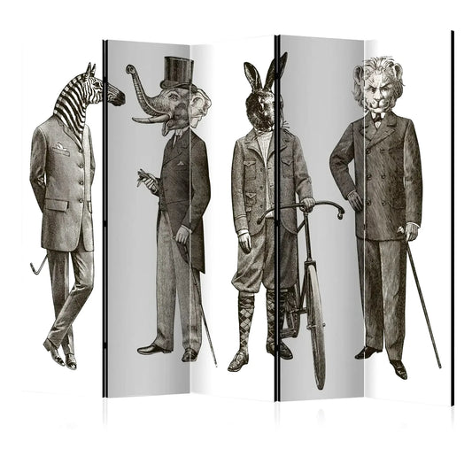 Paravent décoration intérieur 5 panneaux gravure vintage noir et blanc animaux habillés en costume victorien zèbre éléphant lapin et lion style humour british séparateur de pièce original pour salon